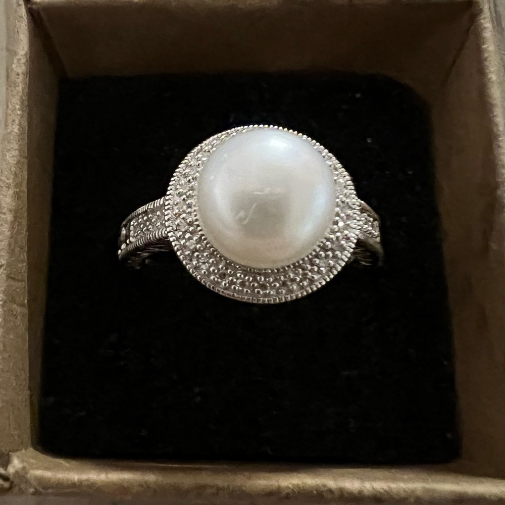 QVC Sterling Silver Affinity Diamond Cultured Pearl Halo Ring Size 10